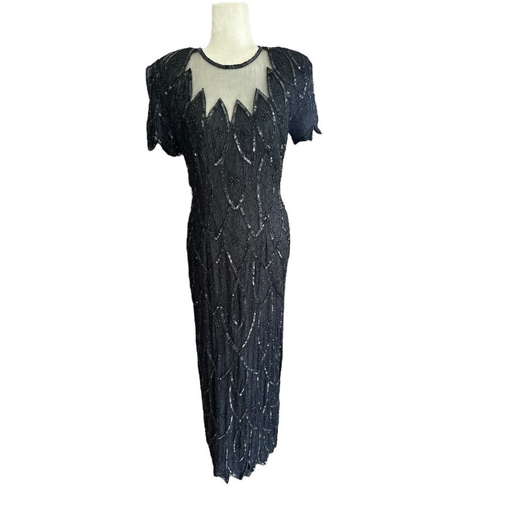 Vintage Stenay Silk Beaded Maxi Dress 6 Black Gown Cocktail Beaded Formal Party